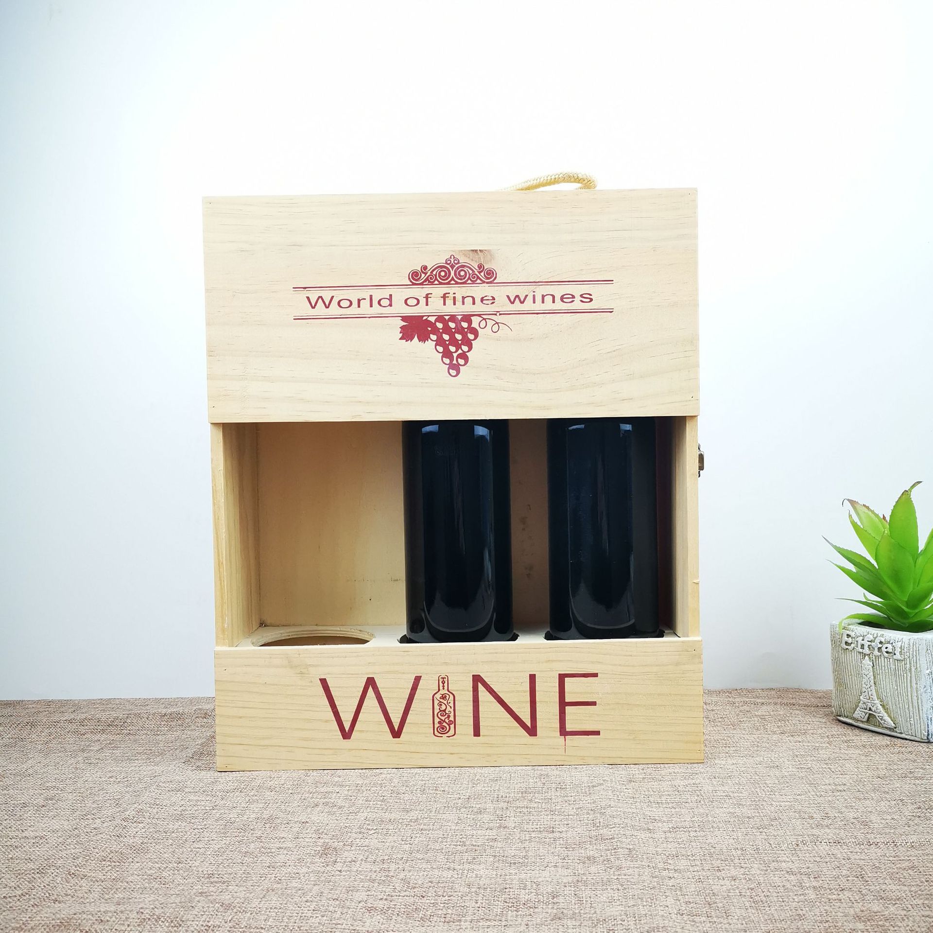 vintage used three bottles red wooden wine box for sale